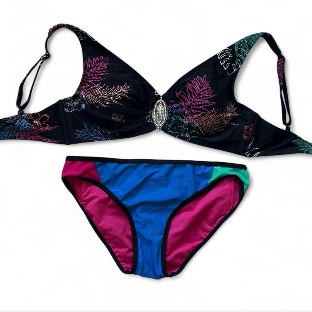 Coco Reef Black Blue Pink Bikini Swimwear Size Small tropical full coverageNWOT